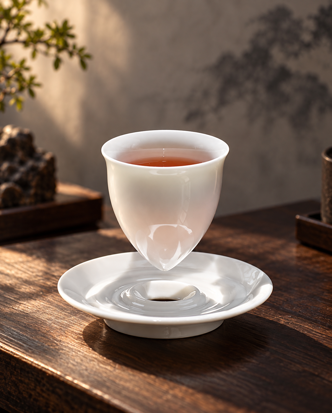 Side view of a white footed tea cup and saucer on a wooden tea table