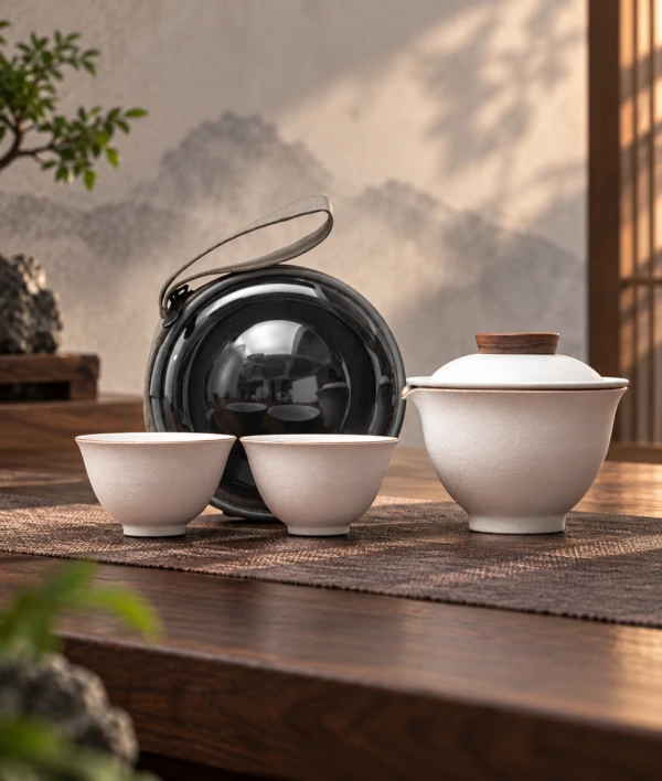 White travel tea set with gaiwan and cups beside an open round carrying case