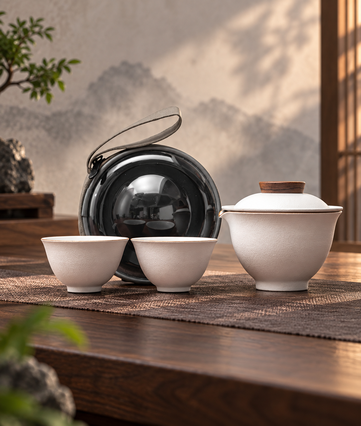 White travel tea set with gaiwan and cups beside an open round carrying case