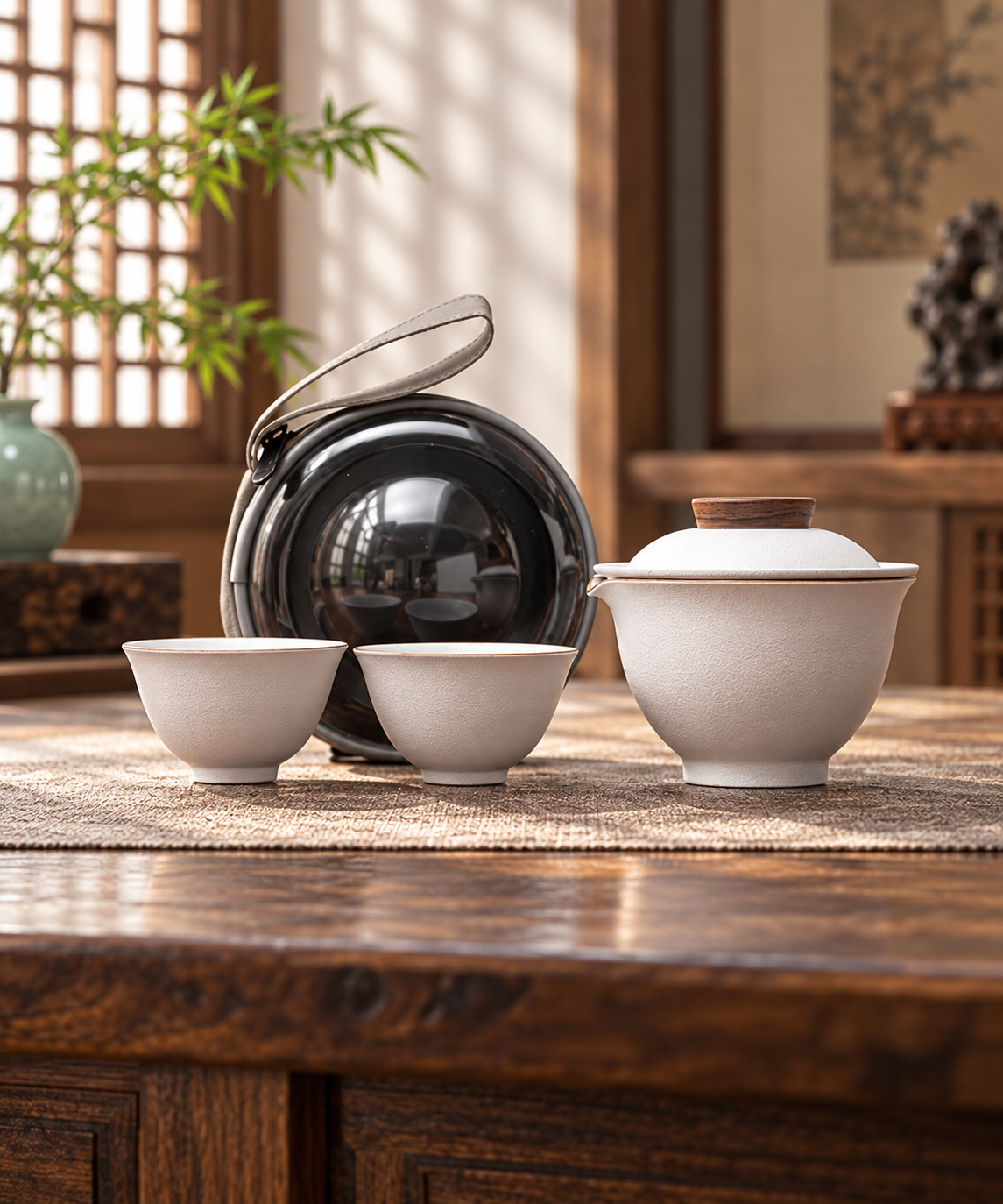 White travel gaiwan and cups arranged in front of a round carrying case