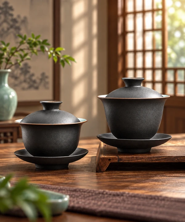 Two dark ceramic gaiwans with lids and saucers on a wooden table