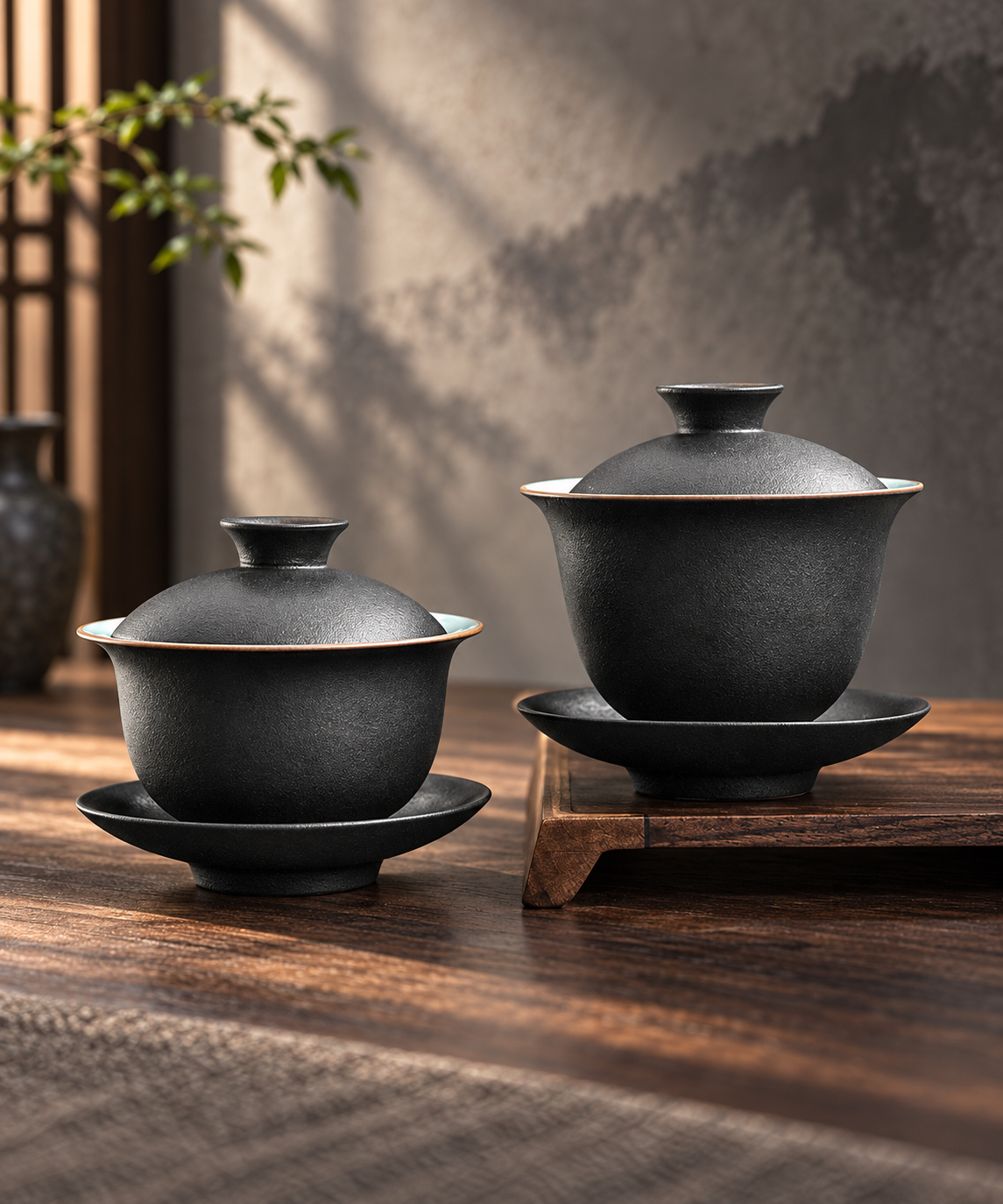Dark ceramic gaiwans in two sizes displayed beside a window