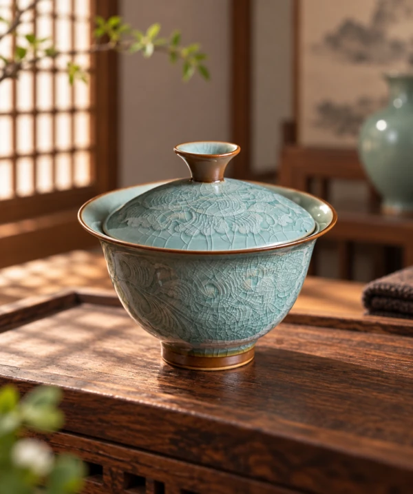 Celadon gaiwan with crackle-pattern glaze and brown rim on a wooden tea table