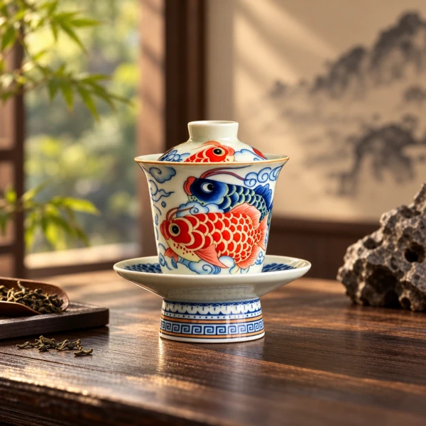 Red and blue fish-pattern lidded tea cup on a raised matching saucer