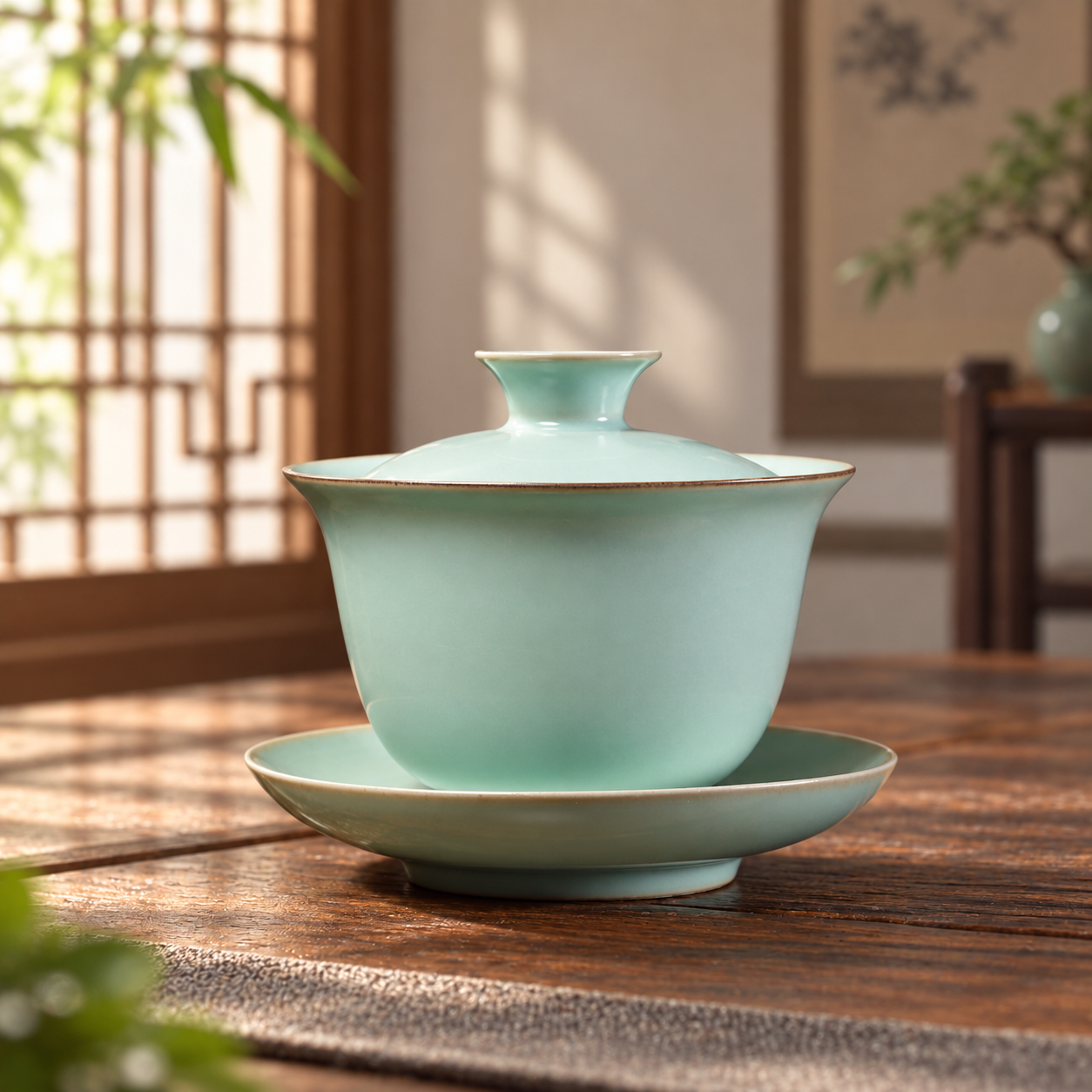 Celadon gaiwan and saucer in a sunlit tea room