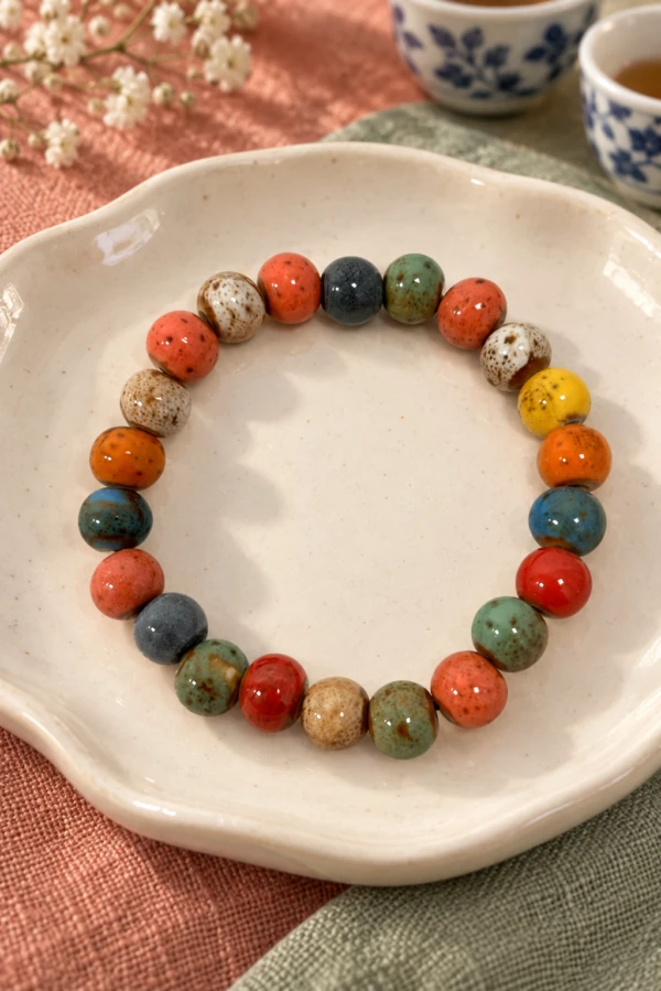Bracelet of multicolored round ceramic beads on a cream dish