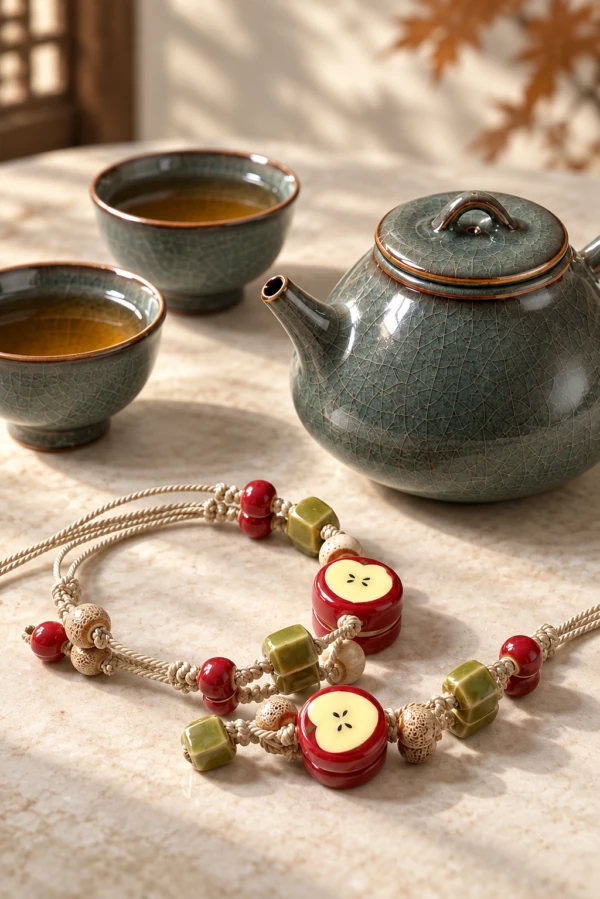 Apple cord bracelets displayed beside a dark glazed teapot and teacups