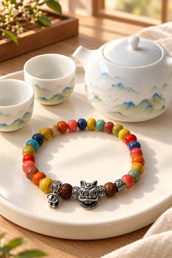 Multicolored beaded bracelet with a dark decorative charm beside a landscape tea set