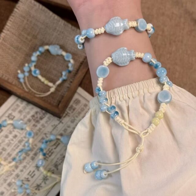 Jingdezhen Pale Blue Fish Ceramic Cord Bracelet