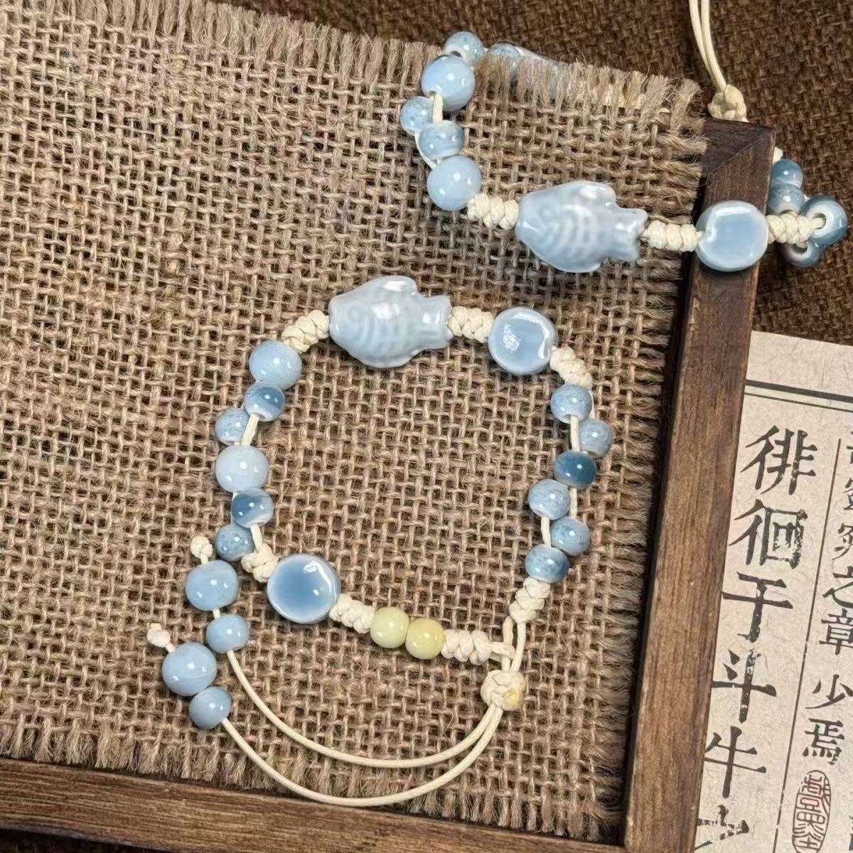 Jingdezhen Pale Blue Fish Ceramic Cord Bracelet