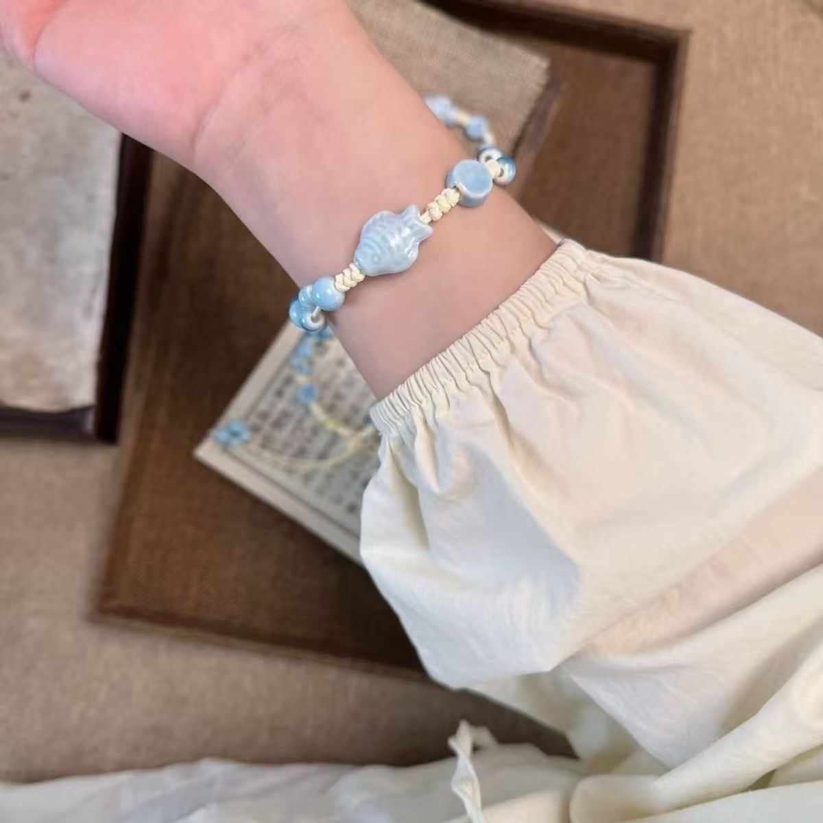 Jingdezhen Pale Blue Fish Ceramic Cord Bracelet