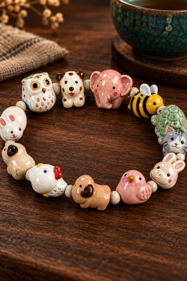 Bracelet of colorful ceramic animal beads arranged on a wooden table