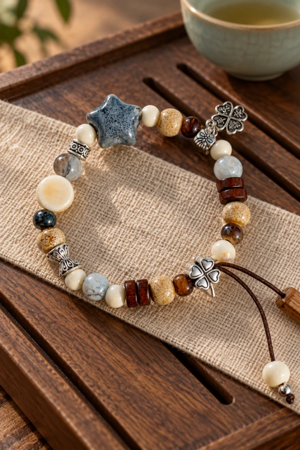 Blue star bracelet with cream and brown beads and decorative metal spacers