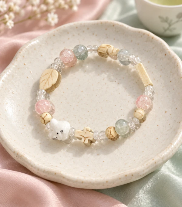 Pastel bracelet with translucent beads, cream charms and a small white cat bead