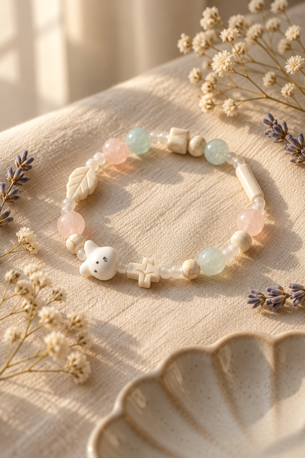 Pastel cat bracelet with cream charms beside dried flowers