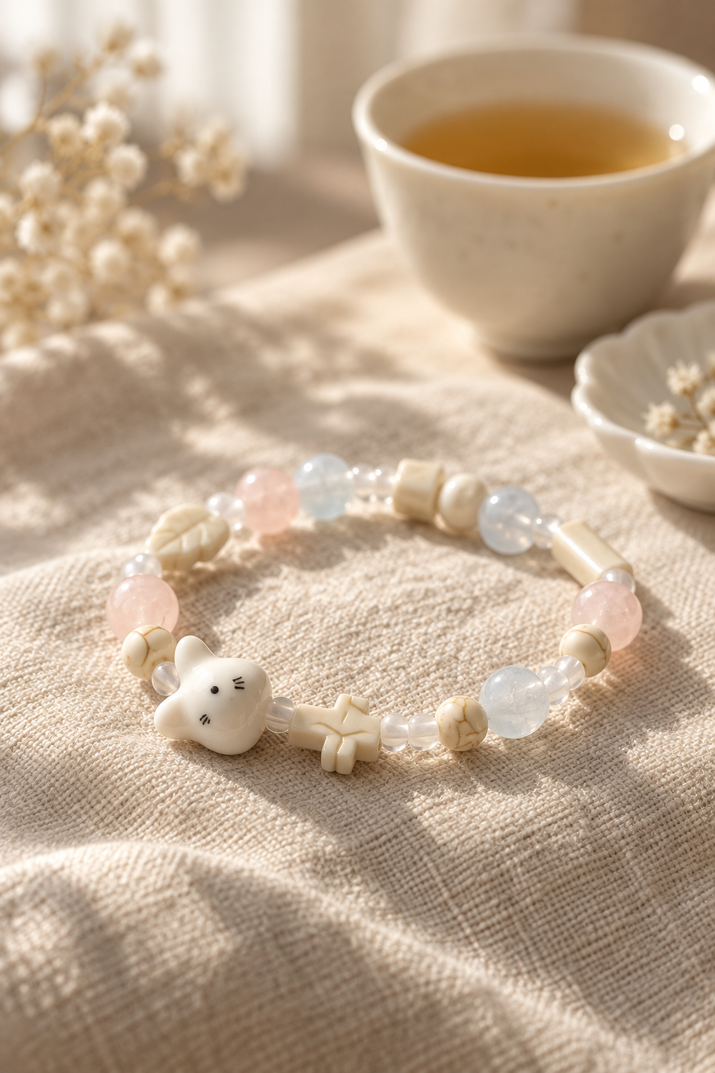 White cat bead and pastel bracelet beads in soft sunlight on textured fabric
