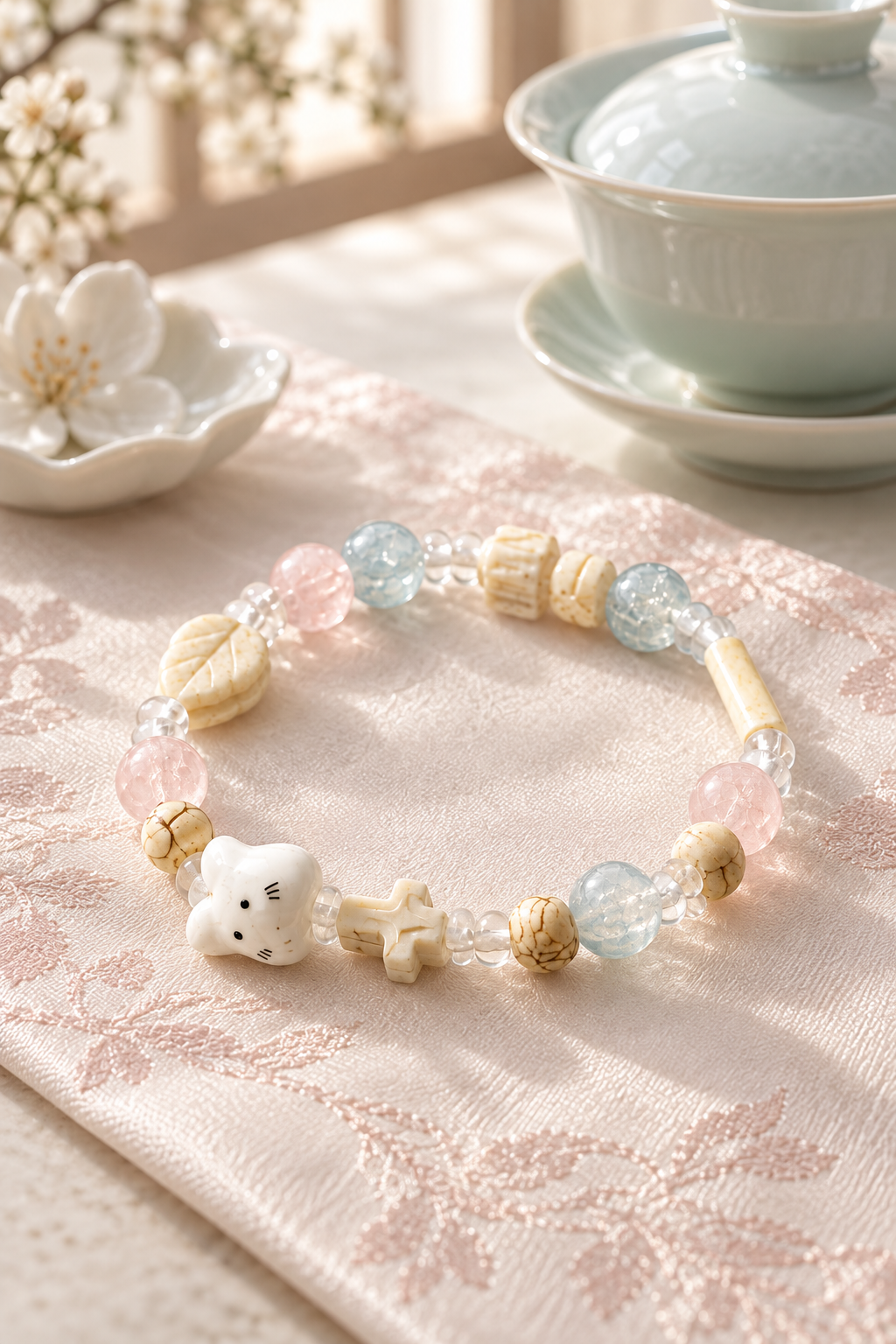 Pastel cat bracelet on pink fabric beside a teacup