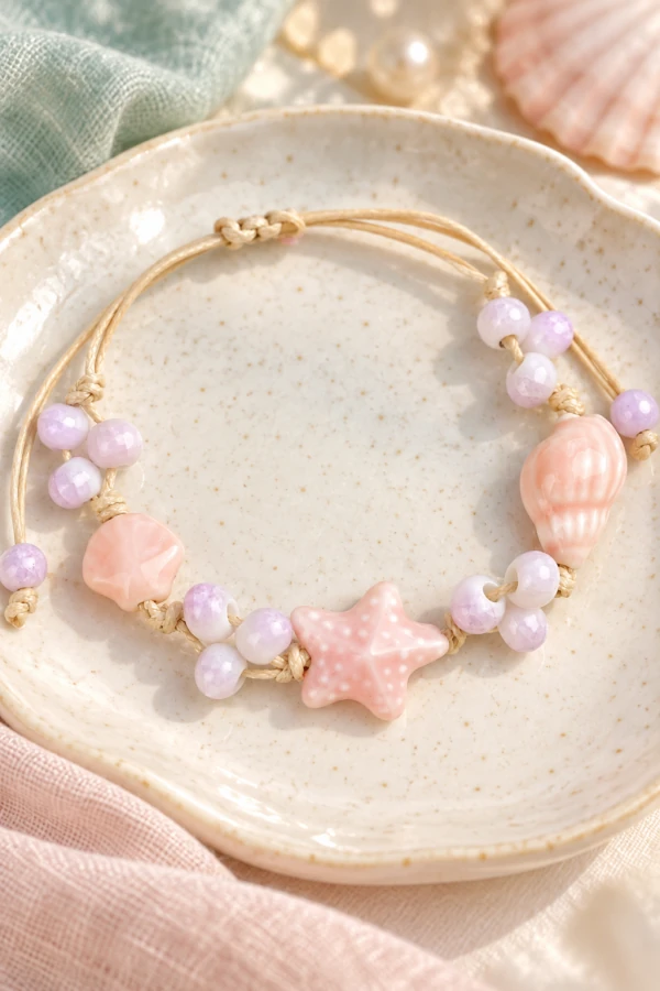 Pink starfish and shell cord bracelet with lavender beads