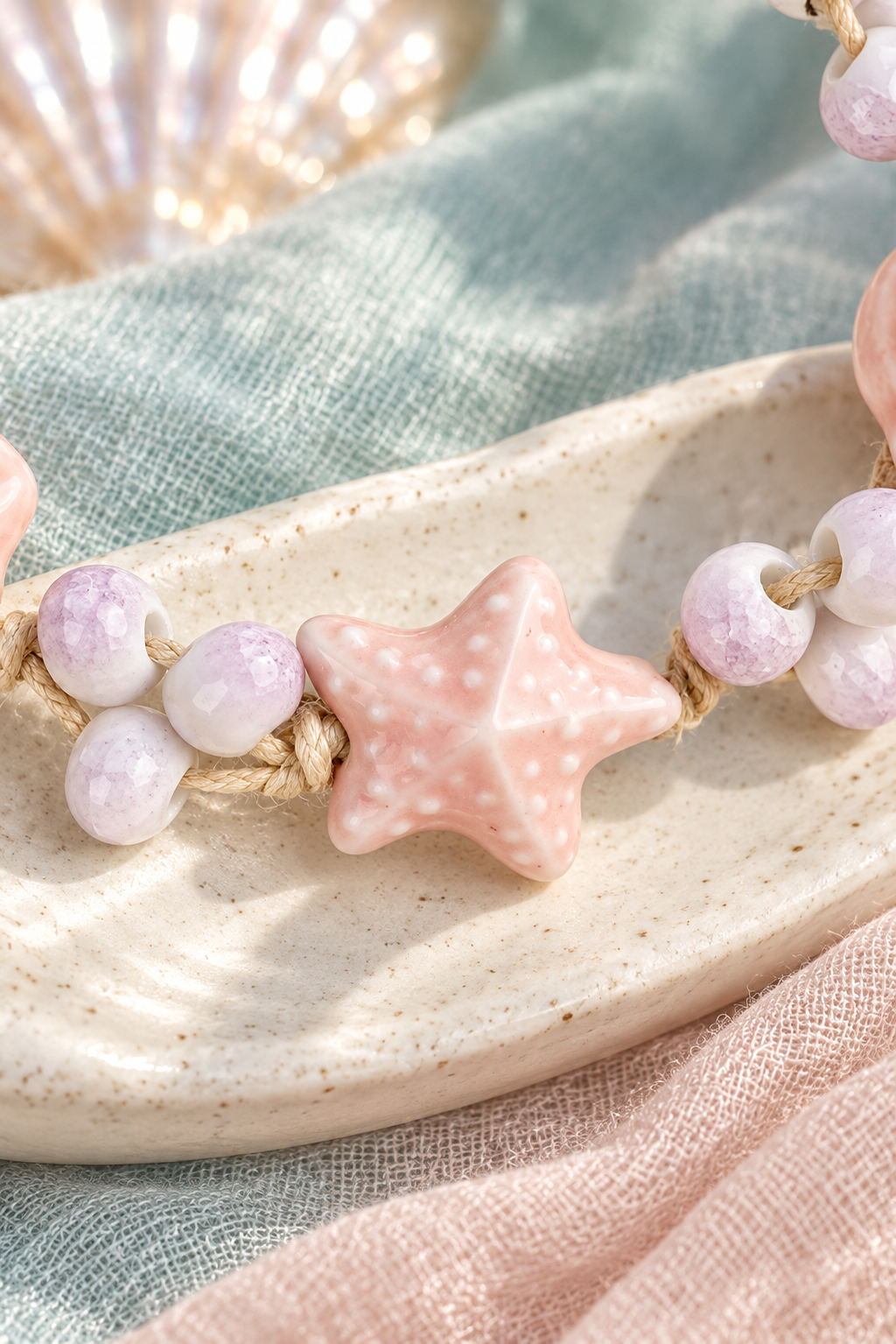 Close-up of the pink starfish and lavender beads on a ceramic bracelet
