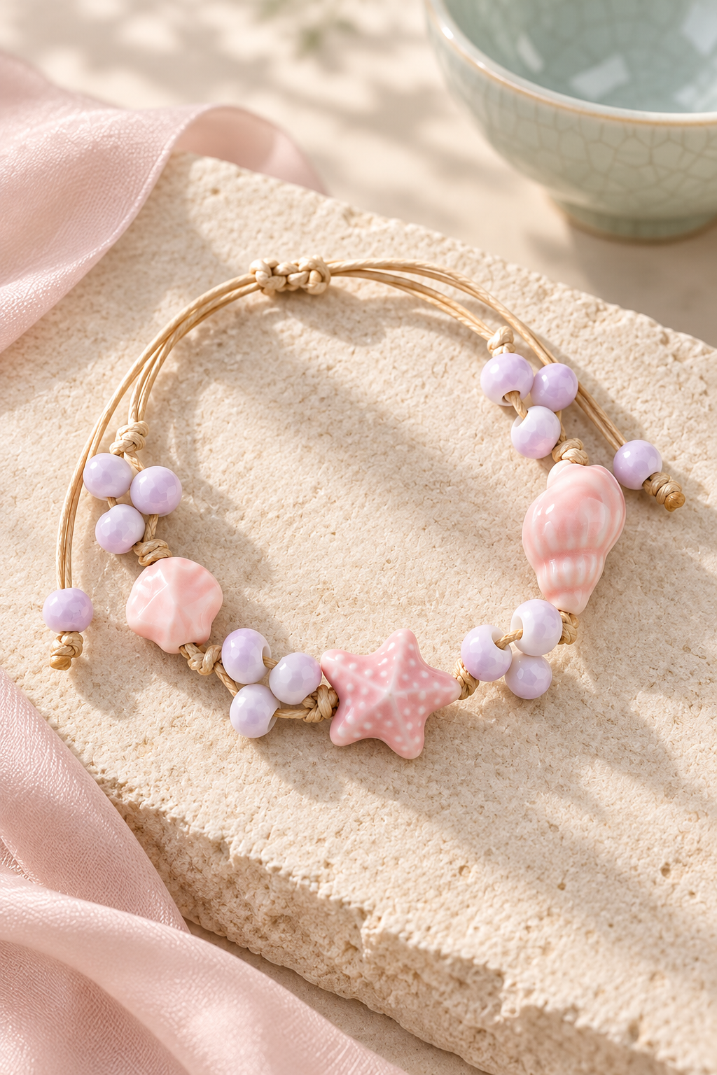 Overhead view of a pink starfish and shell bracelet with adjustable cream cords