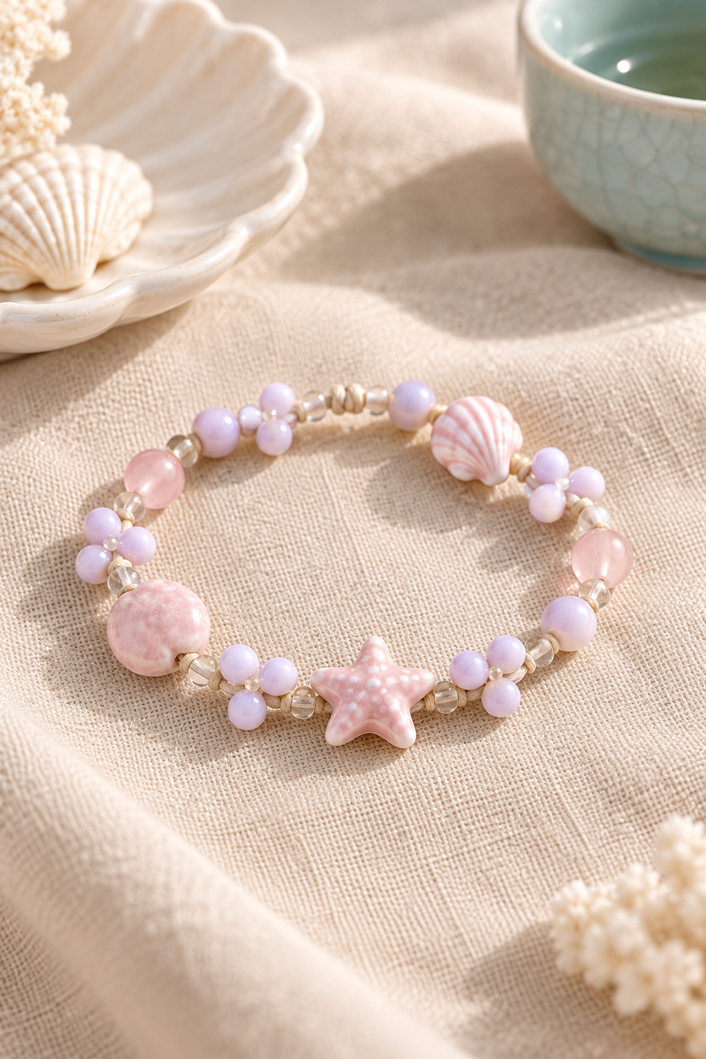 Pink starfish bracelet with shell-shaped beads on linen fabric
