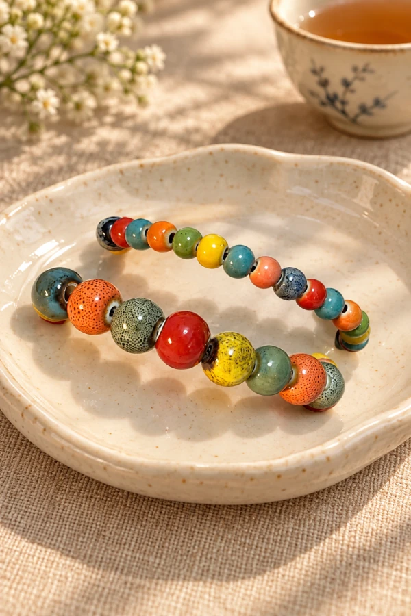 Multicolored glazed ceramic bead bracelet arranged on a cream plate