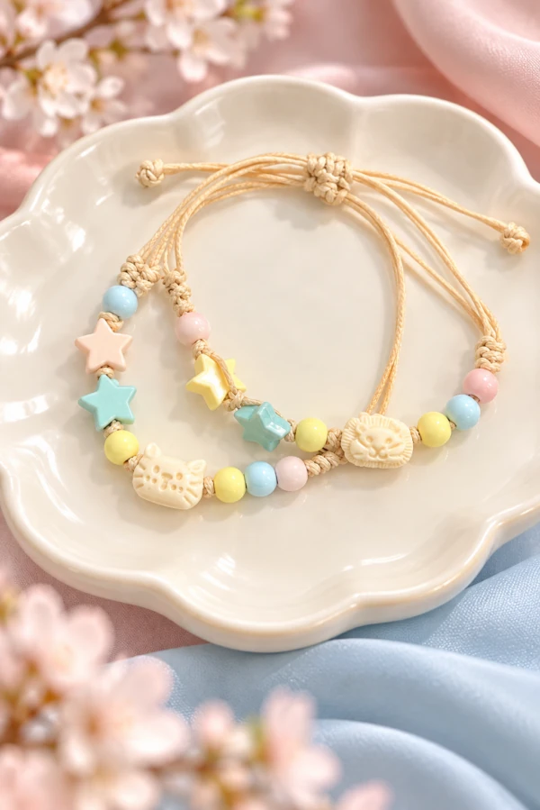 Pastel ceramic bracelet with cat and star beads and cream adjustable cords