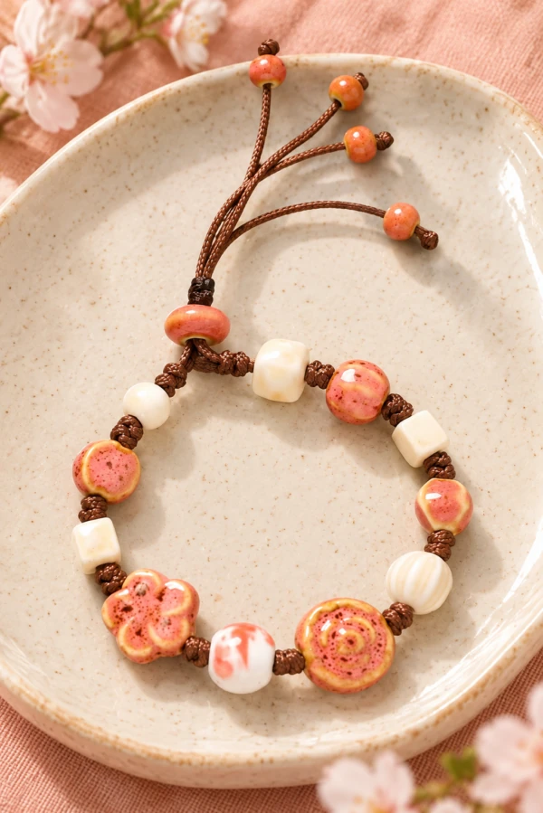 Brown cord bracelet with orange-pink ceramic flowers and cream beads