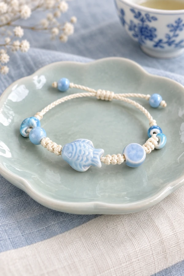 Pale blue fish ceramic bracelet with cream knotted adjustable cord