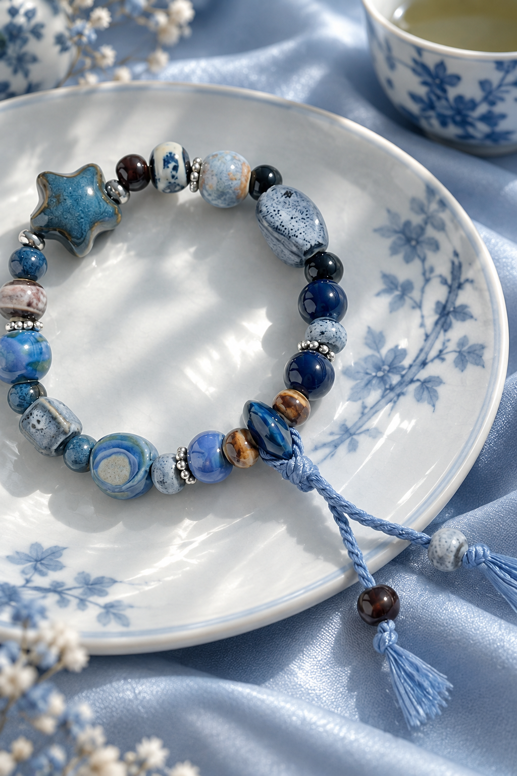 Dark blue ceramic bracelet with star and planet-like beads on a blue and white dish