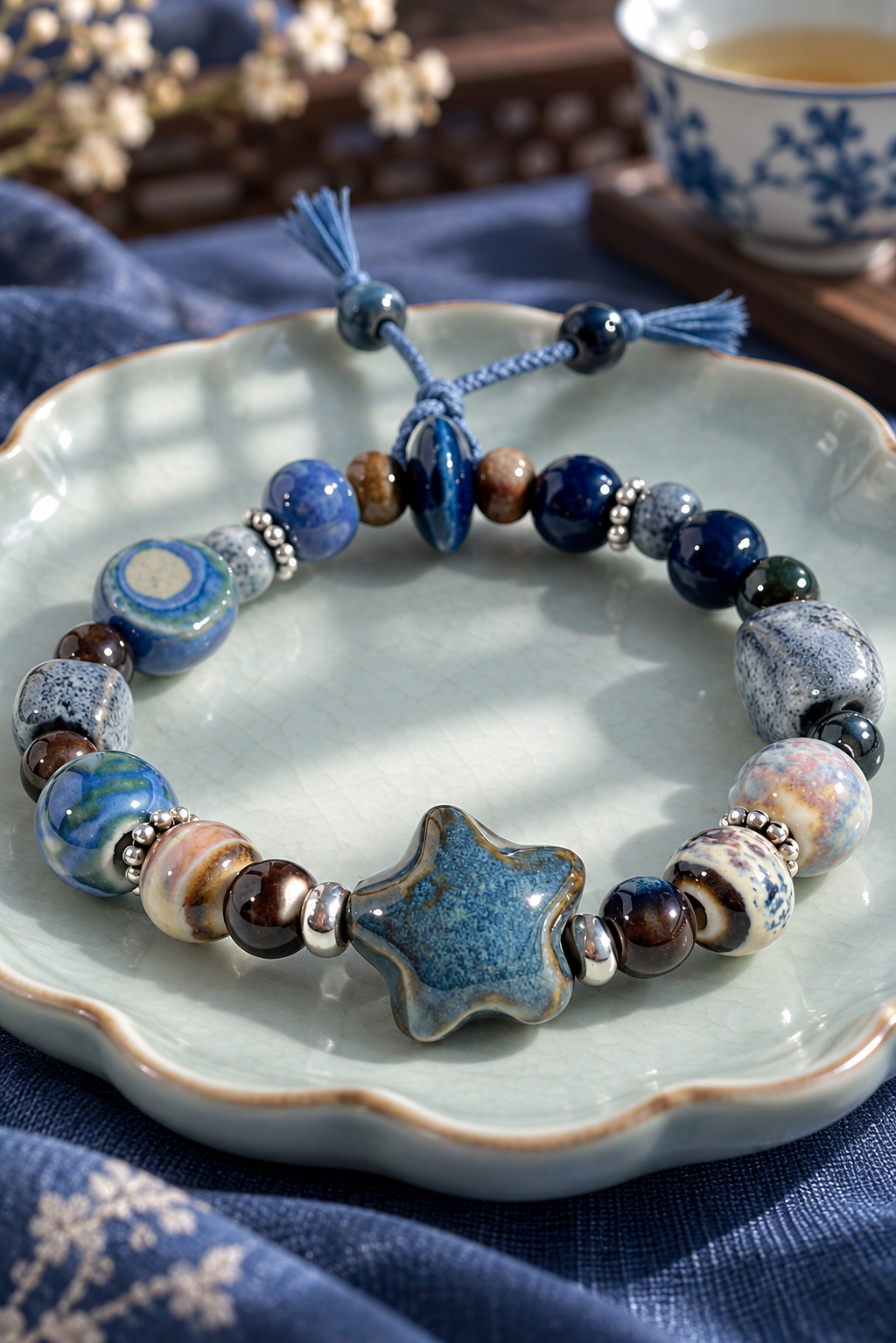 Close-up of a blue star bead and patterned ceramic bracelet beads