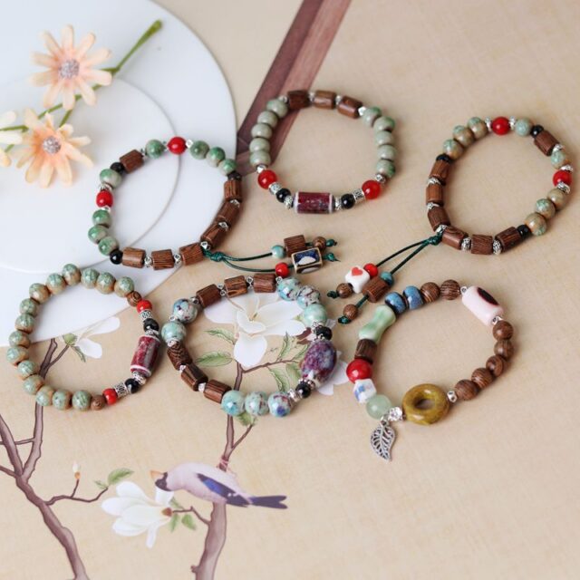 Jingdezhen Vintage Wood and Ceramic Stacking Bracelet