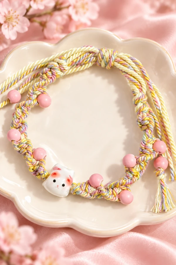 Pink beaded cord bracelet with a white ceramic cat and braided tassel ends