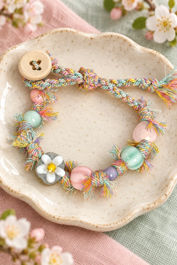 Multicolored braided cord bracelet with pastel ceramic beads and a small flower