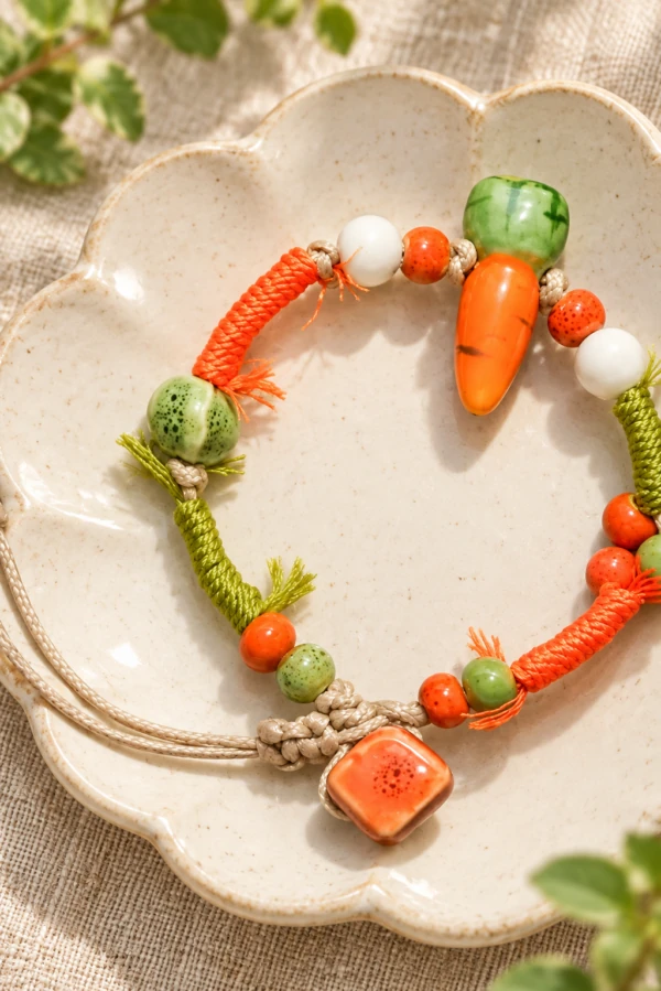 Orange and green cord bracelet with a ceramic carrot charm