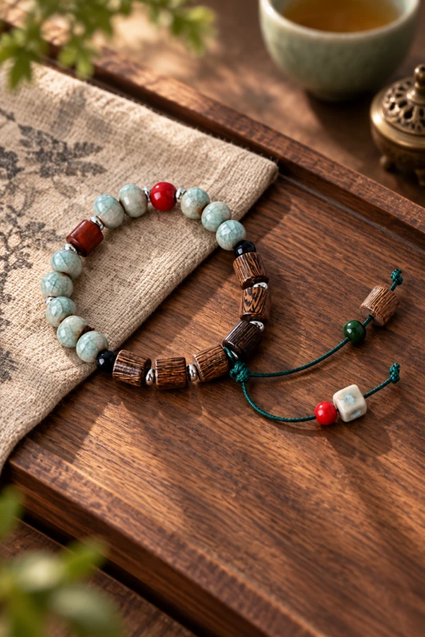 Wood and pale ceramic bead bracelet with green adjustable cords on a wooden table