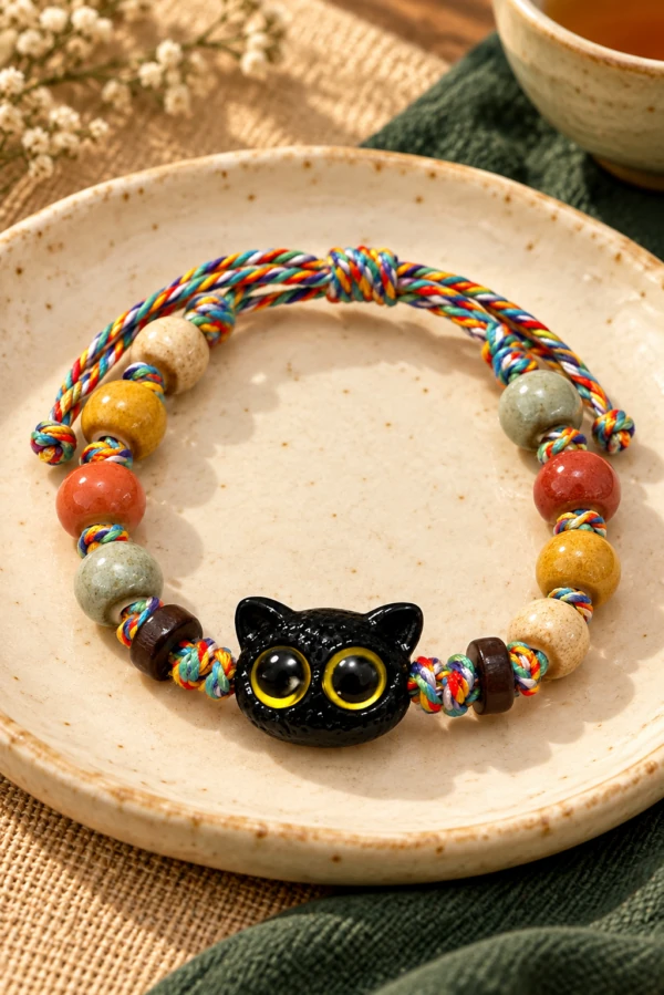 Black cat ceramic bracelet with colorful beads and braided multicolored cord
