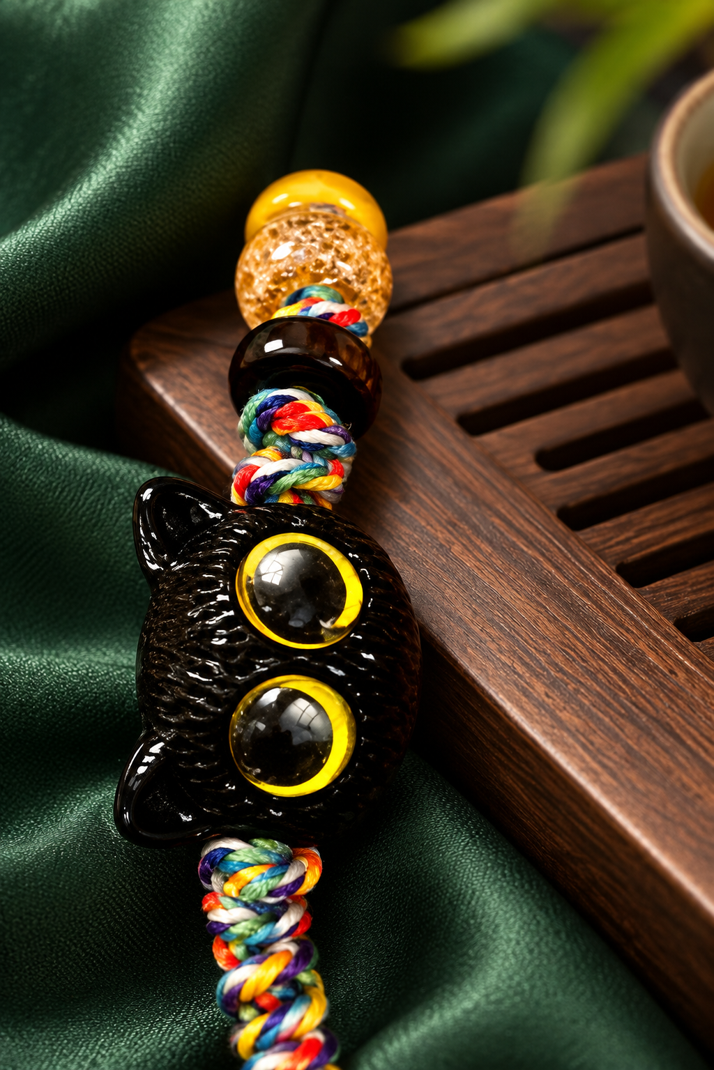 Close-up of a glossy black cat bead with yellow eyes and braided bracelet cord
