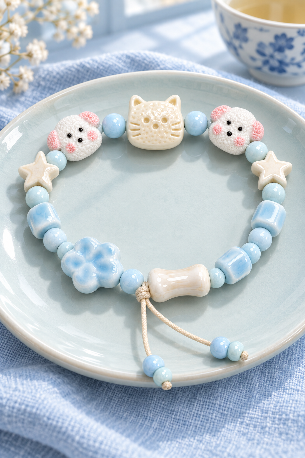 Sky blue ceramic bracelet with cat, dog, star and flower beads