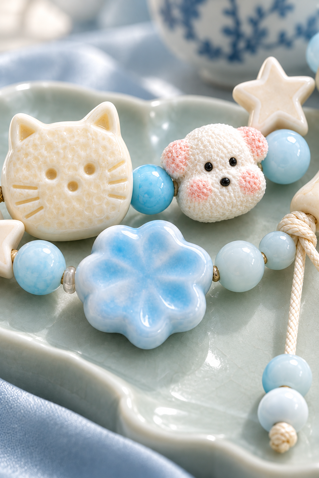 Close-up of blue flower, cream cat and white dog ceramic bracelet beads