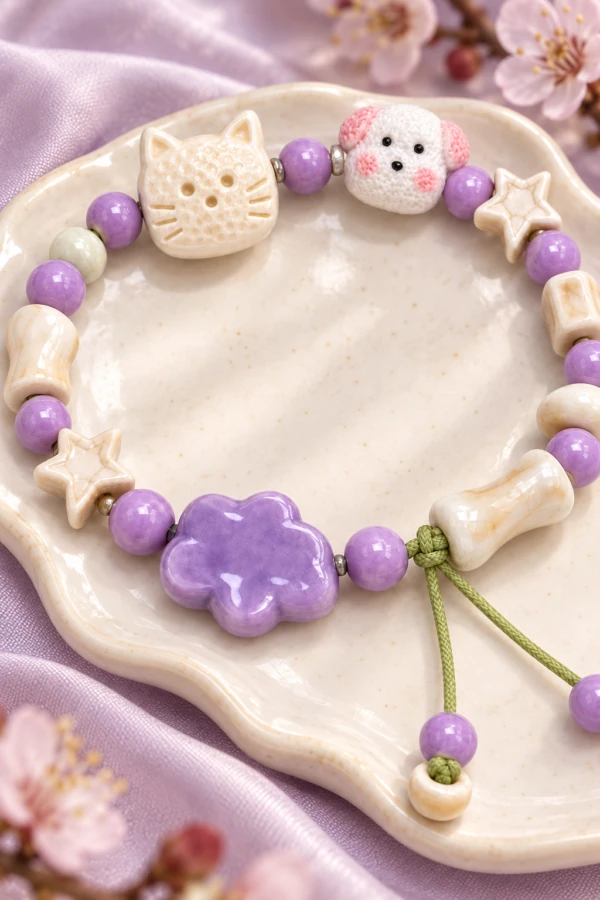 Lavender ceramic bracelet with cat, dog, star and purple flower beads