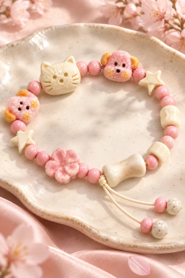 Pink ceramic bracelet with cat, dog, star and flower beads on a cream dish