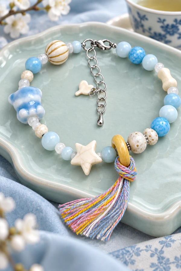 Blue and white ceramic bracelet with a white star and multicolored tassel