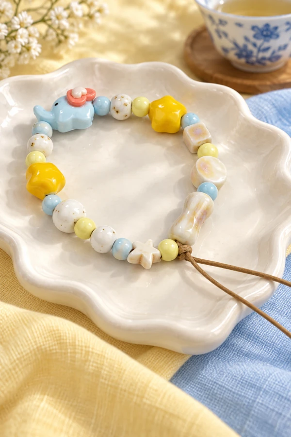 Ceramic cord bracelet with a pale blue elephant and yellow star beads
