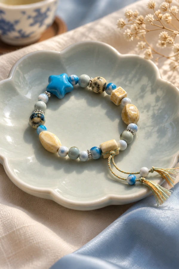 Blue star ceramic bracelet with cream patterned beads and cord tassels on a scalloped dish