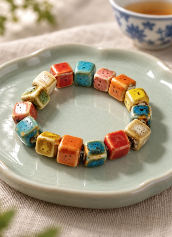 Bracelet of colorful glazed ceramic cube beads arranged on a pale dish