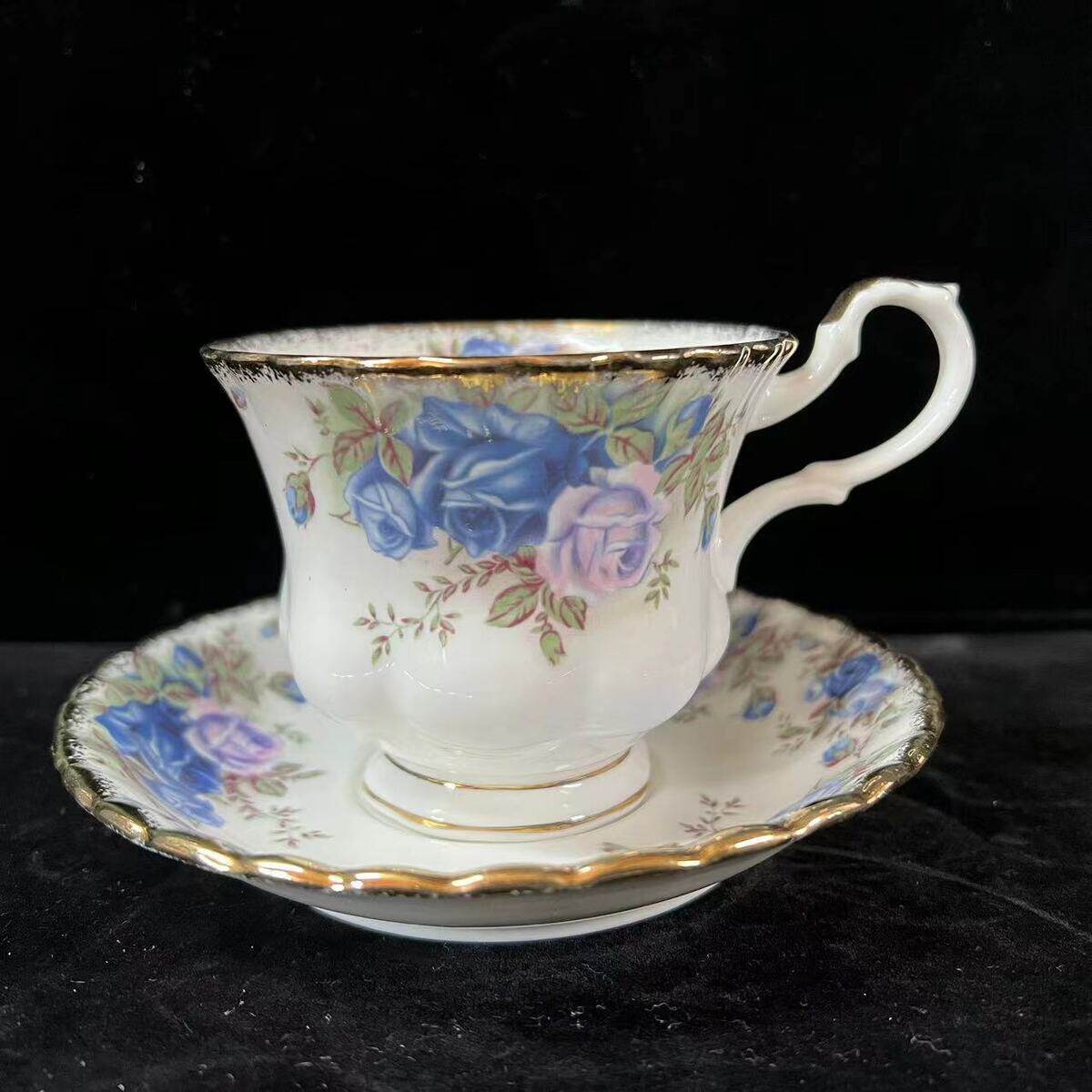 English Blue Rose Gold Trim Bone China Teacup and Saucer, Minor Imperfection