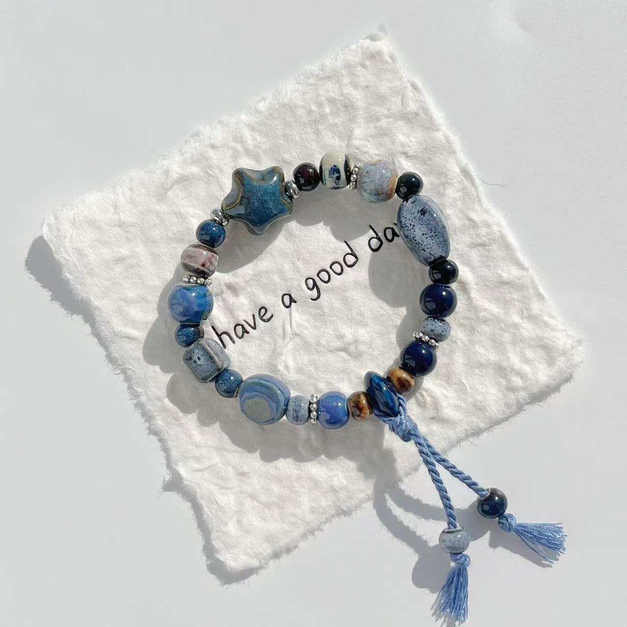 Jingdezhen Blue Planet Star Ceramic Tassel Bracelet