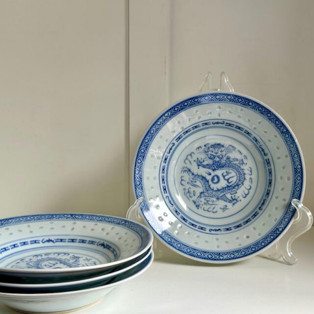 Rice-Grain Blue & White Dragon Plates, Set of 4