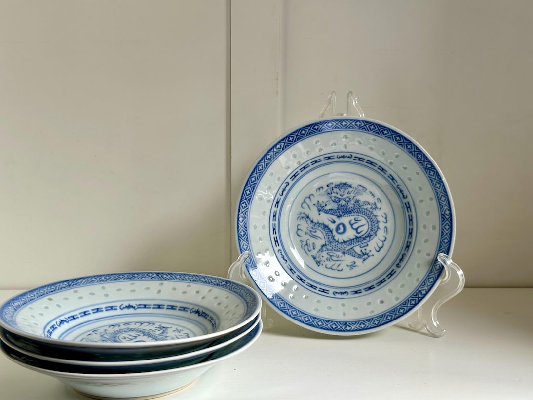 Rice-Grain Blue & White Dragon Plates, Set of 4